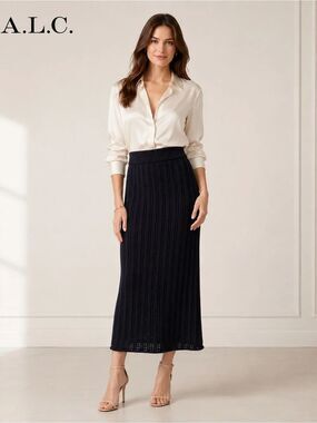 A.L.C. Navy Open Knit Midi Skirt Size Small